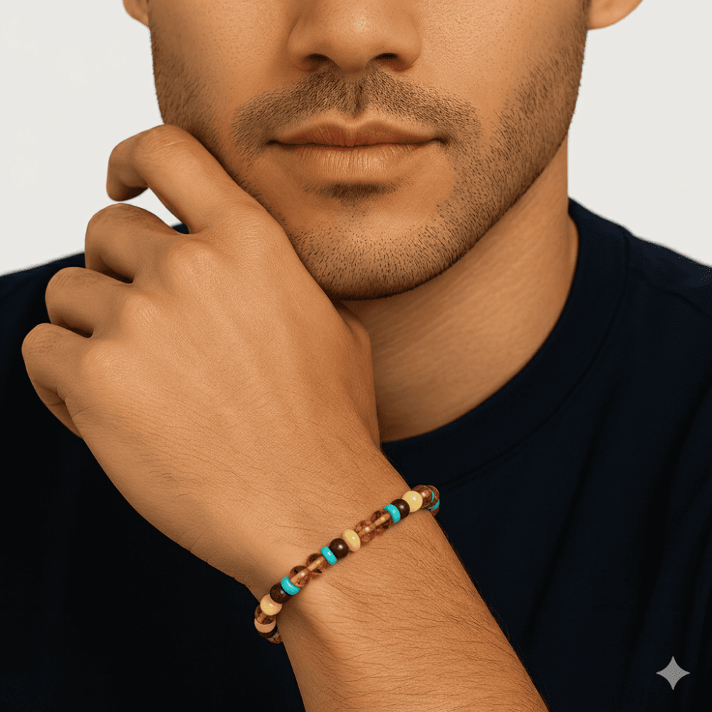 Multicolor Renk Firuze Doğaltaş Süslemeli Natural Form Doğal Damla Kehribar Erkek Bileklik - 2