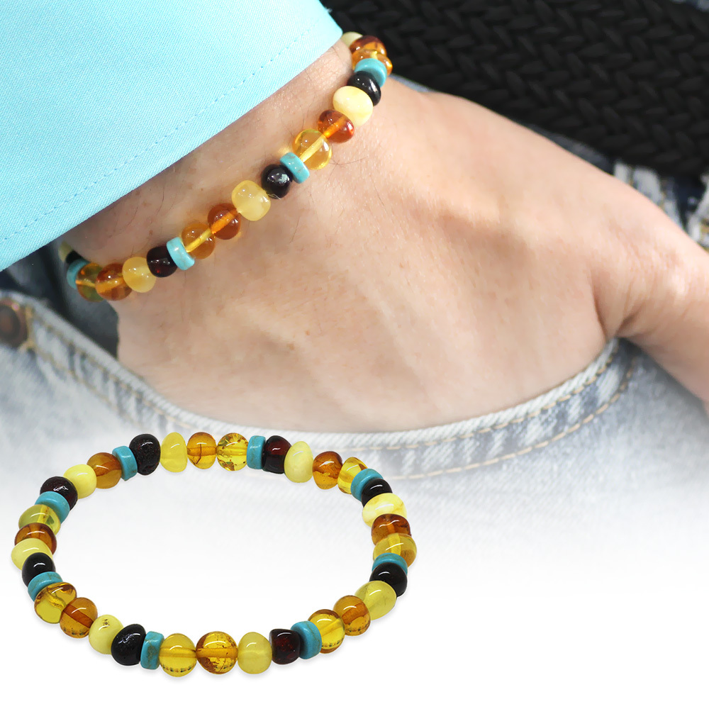 Multicolor Renk Firuze Doğaltaş Süslemeli Natural Form Doğal Damla Kehribar Erkek Bileklik - 1