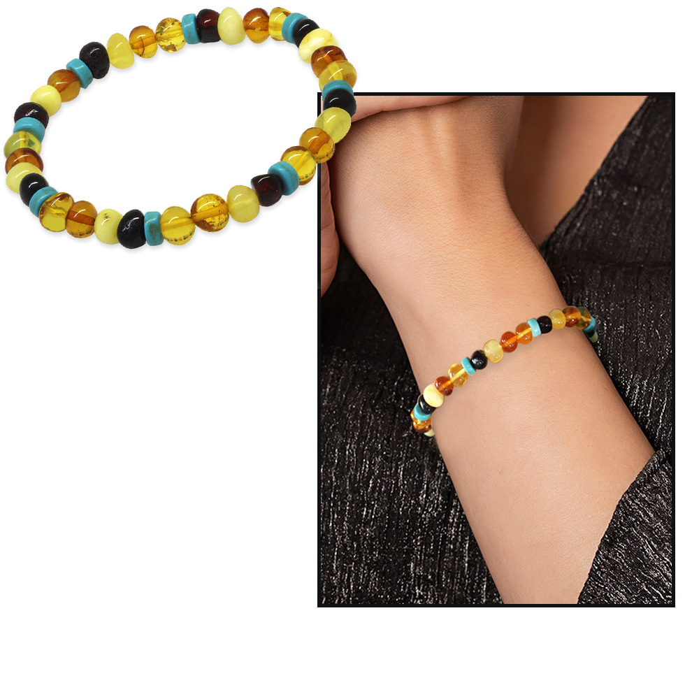 Multicolor Renk Firuze Doğaltaş Süslemeli Natural Form Doğal Damla Kehribar Kadın Bileklik - 5