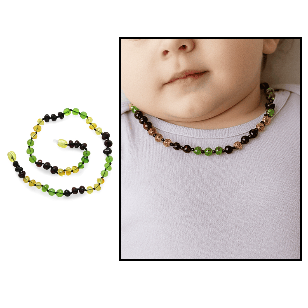 Şeffaf Yeşil Kırmızı Renkli Şık Kutulu Özel Seri Naturel Damla Kehribar Taşlı Bebek Diş Kolyesi - 1