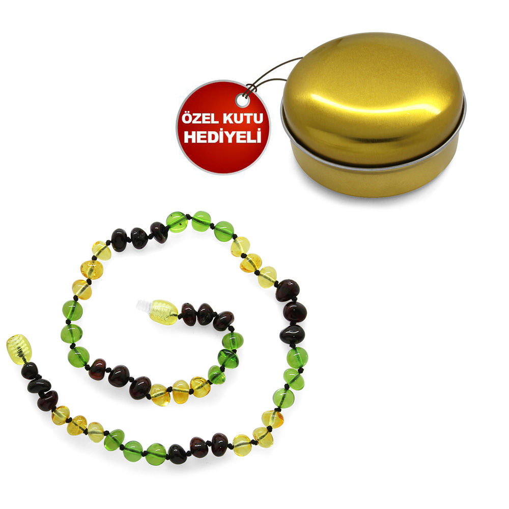 Şeffaf Yeşil Kırmızı Renkli Şık Kutulu Özel Seri Naturel Damla Kehribar Taşlı Bebek Diş Kolyesi - 4