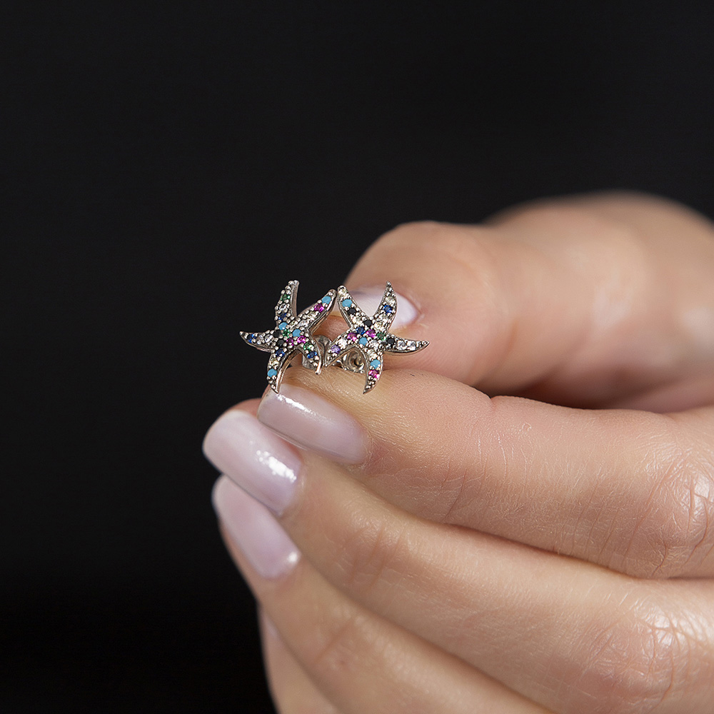 Çok Renkli Zirkon Taşlı Deniz Yıldızı Tasarım 925 Ayar Gümüş Kadın Küpe - 2