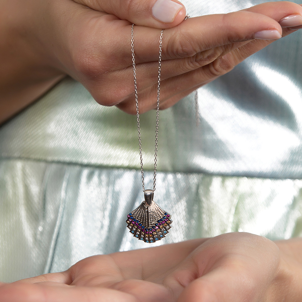 Multicolor Zirkon Taşlı İstiridye Tasarım Kişiye Özel İsim Yazılı 925 Ayar Gümüş Kadın Kolye - 7