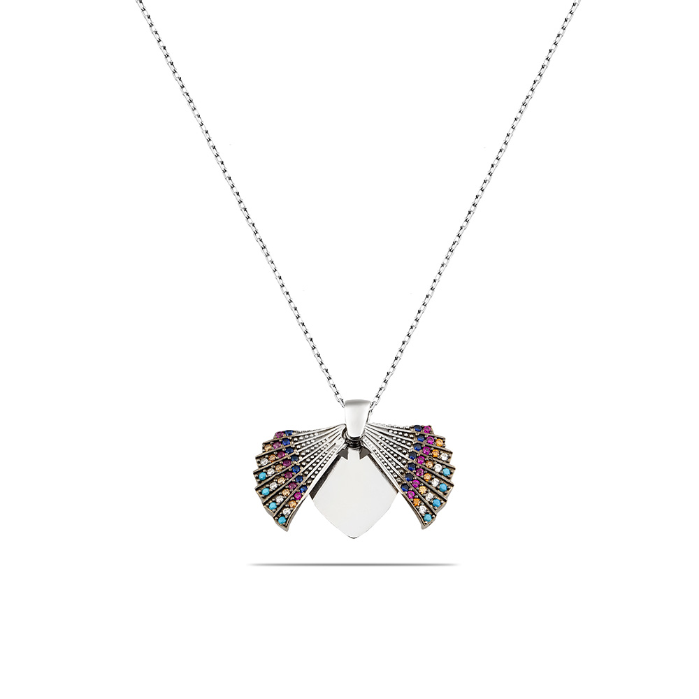 Multicolor Zirkon Taşlı İstiridye Tasarım Kişiye Özel İsim Yazılı 925 Ayar Gümüş Kadın Kolye - 5