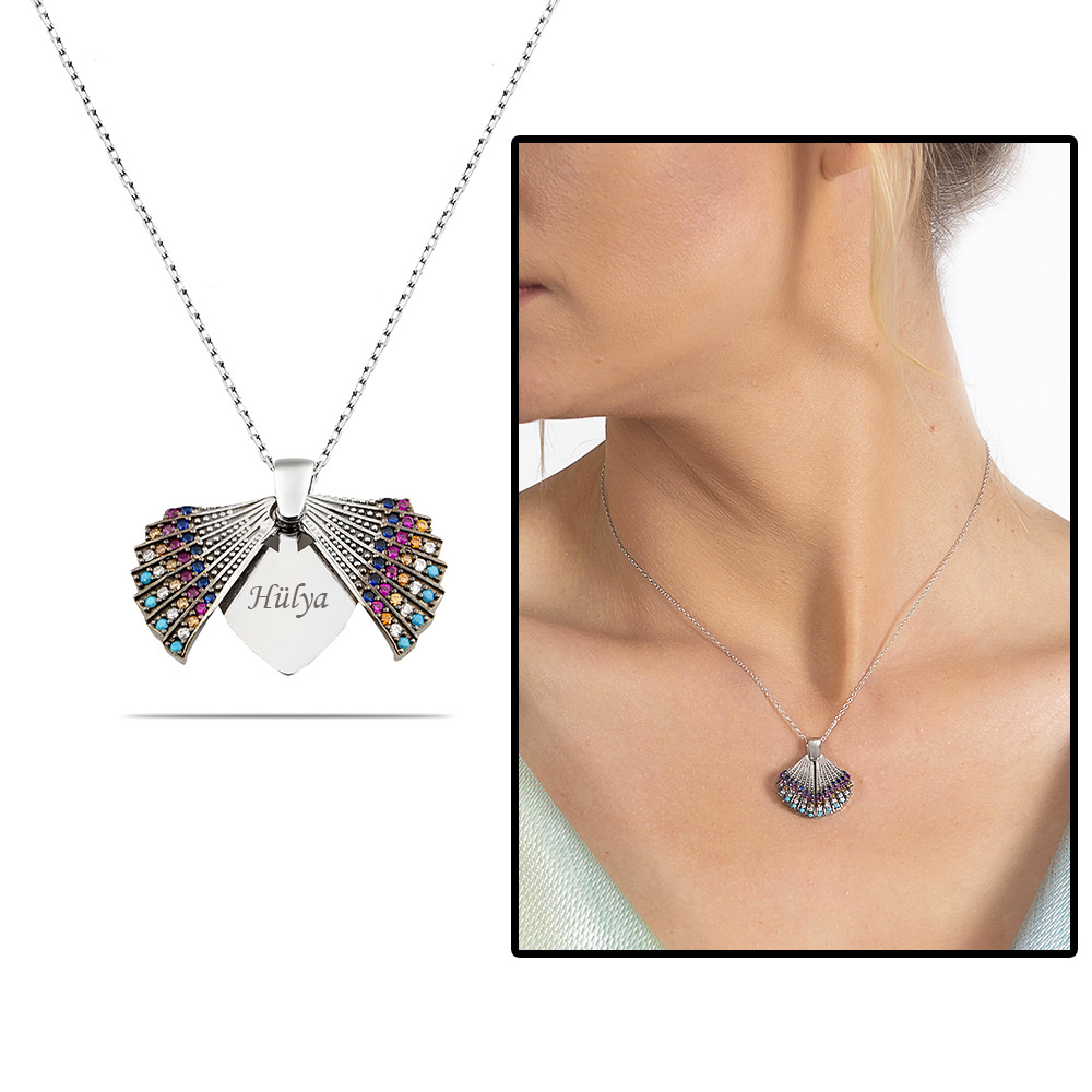 Multicolor Zirkon Taşlı İstiridye Tasarım Kişiye Özel İsim Yazılı 925 Ayar Gümüş Kadın Kolye - 1