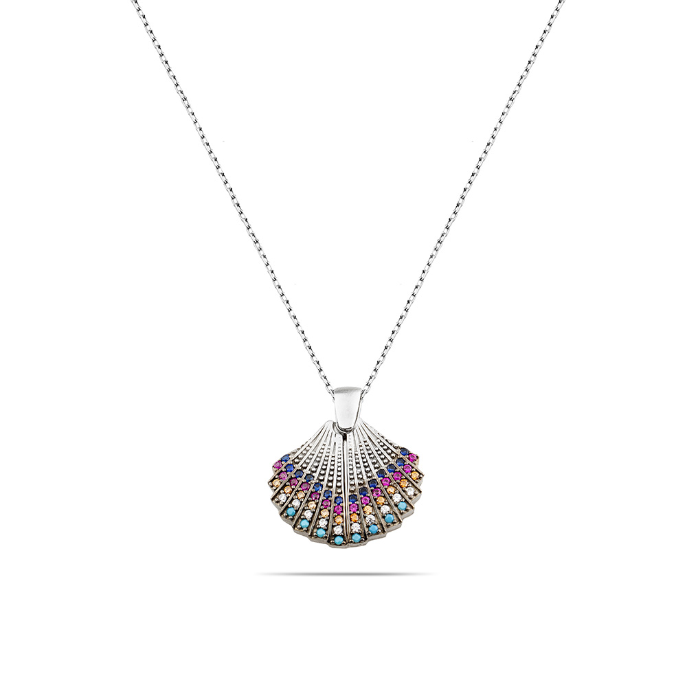 Multicolor Zirkon Taşlı İstiridye Tasarım Kişiye Özel İsim Yazılı 925 Ayar Gümüş Kadın Kolye - 6