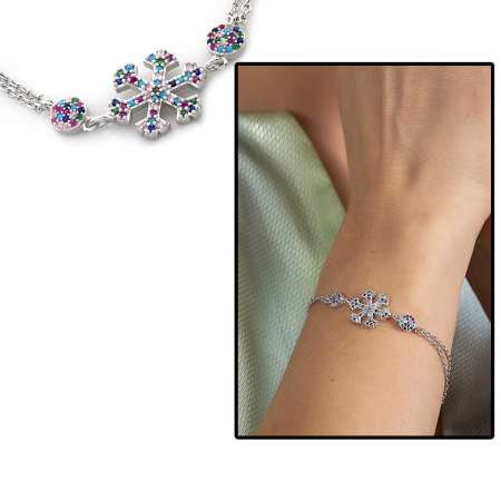 Multicolor Zirkon Taşlı Kar Tanesi Tasarım 925 Ayar Gümüş Kadın Bileklik - Tesbihane