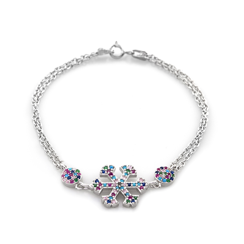 Multicolor Zirkon Taşlı Kar Tanesi Tasarım 925 Ayar Gümüş Kadın Bileklik - 5