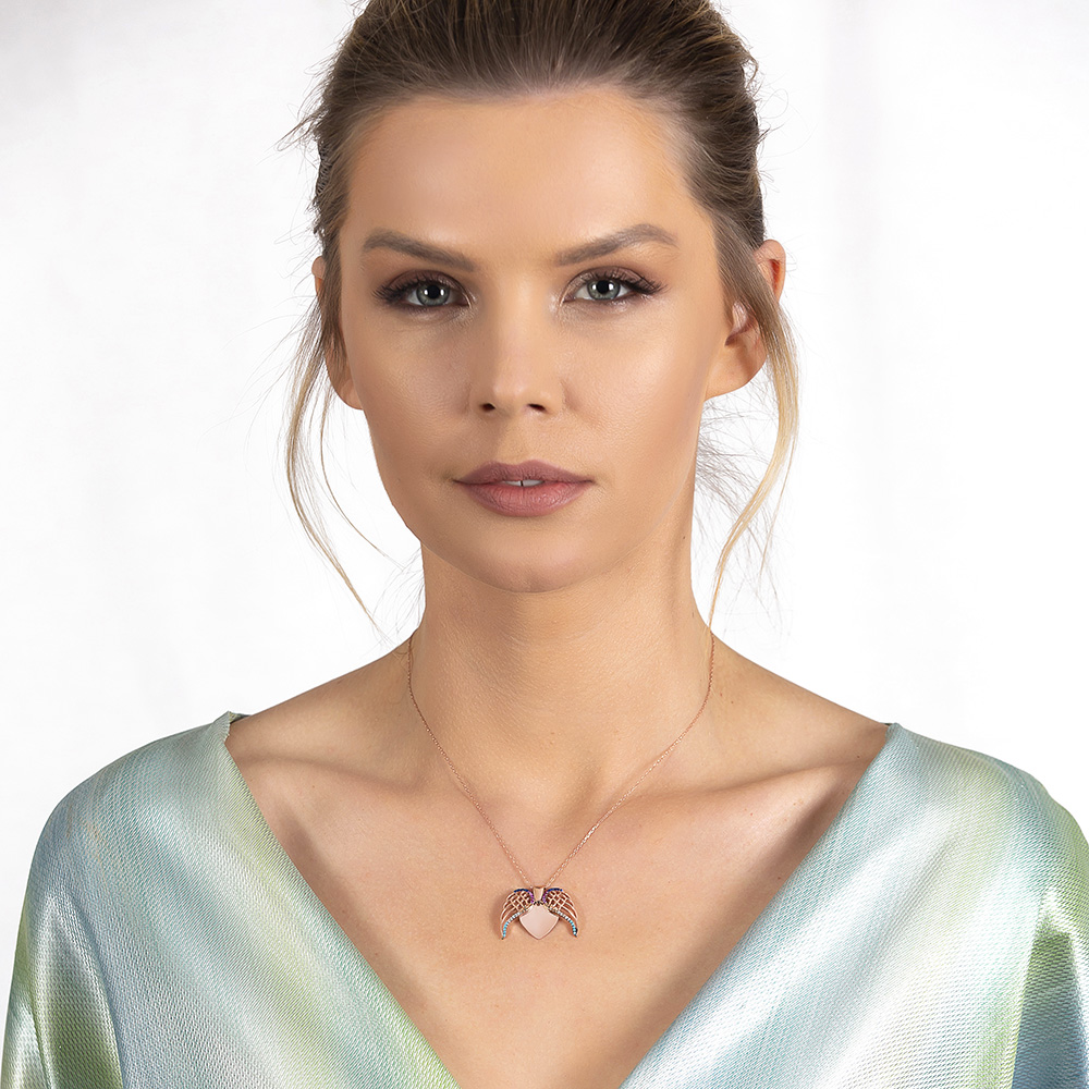 Çok Renkli Zirkon Taşlı Melek Kanadı Tasarım Kişiye Özel İsim Yazılı 925 Ayar Gümüş Kadın Kolye - 2