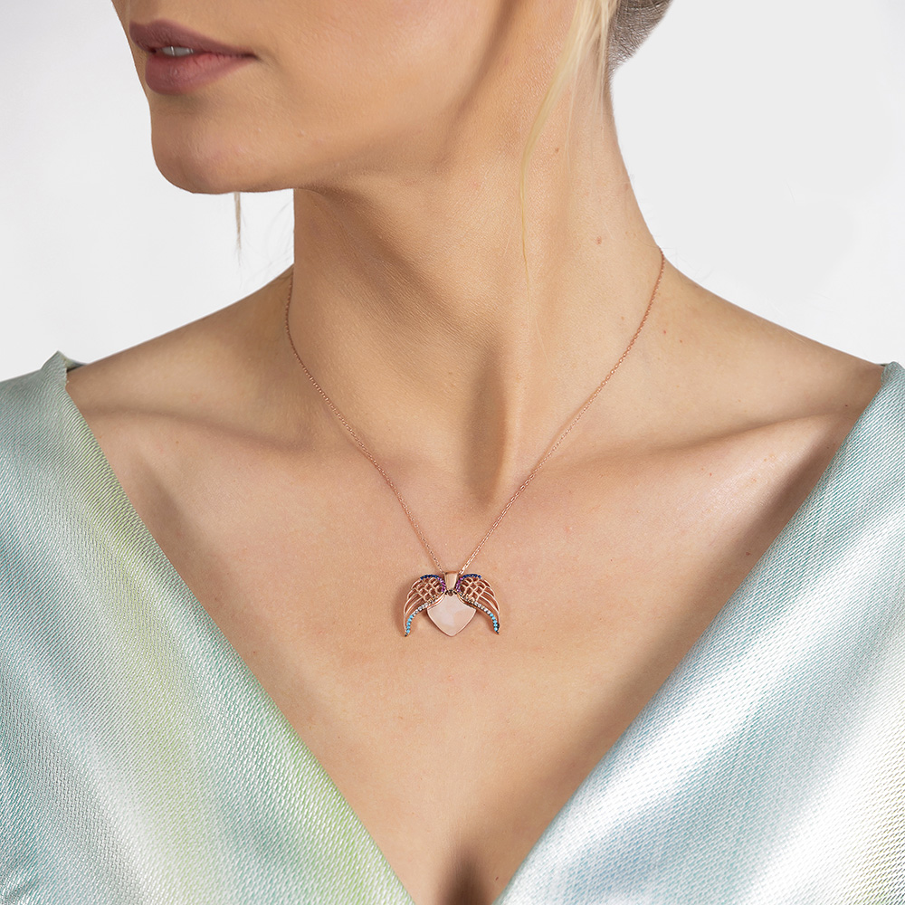 Çok Renkli Zirkon Taşlı Melek Kanadı Tasarım Kişiye Özel İsim Yazılı 925 Ayar Gümüş Kadın Kolye - 3