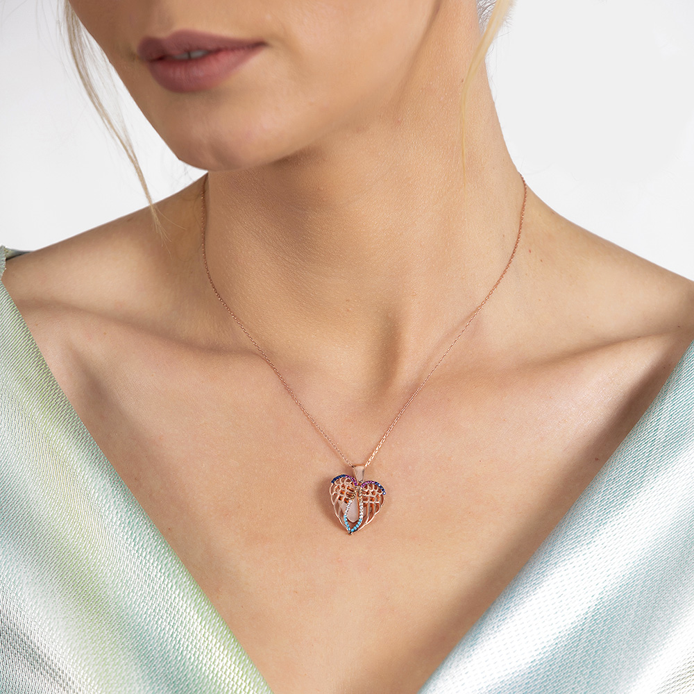 Çok Renkli Zirkon Taşlı Melek Kanadı Tasarım Kişiye Özel İsim Yazılı 925 Ayar Gümüş Kadın Kolye - 4