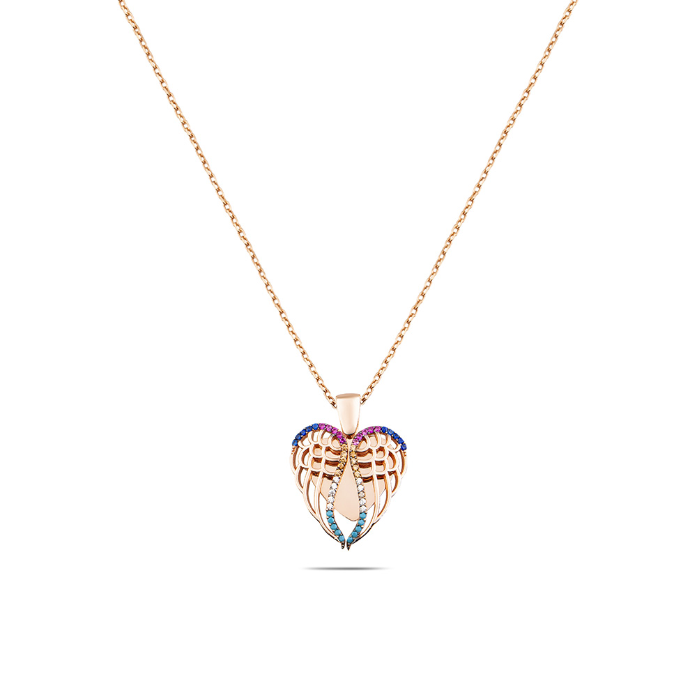 Çok Renkli Zirkon Taşlı Melek Kanadı Tasarım Kişiye Özel İsim Yazılı 925 Ayar Gümüş Kadın Kolye - 6