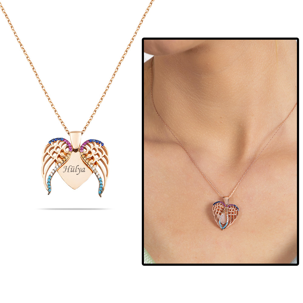 Çok Renkli Zirkon Taşlı Melek Kanadı Tasarım Kişiye Özel İsim Yazılı 925 Ayar Gümüş Kadın Kolye - 1