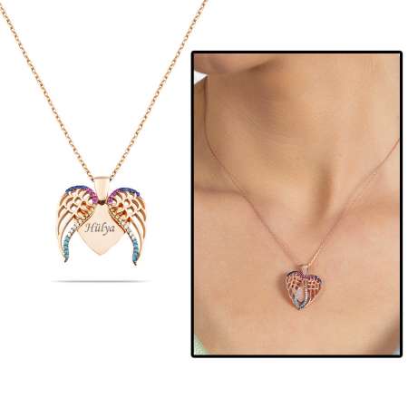 Çok Renkli Zirkon Taşlı Melek Kanadı Tasarım Kişiye Özel İsim Yazılı 925 Ayar Gümüş Kadın Kolye - Tesbihane