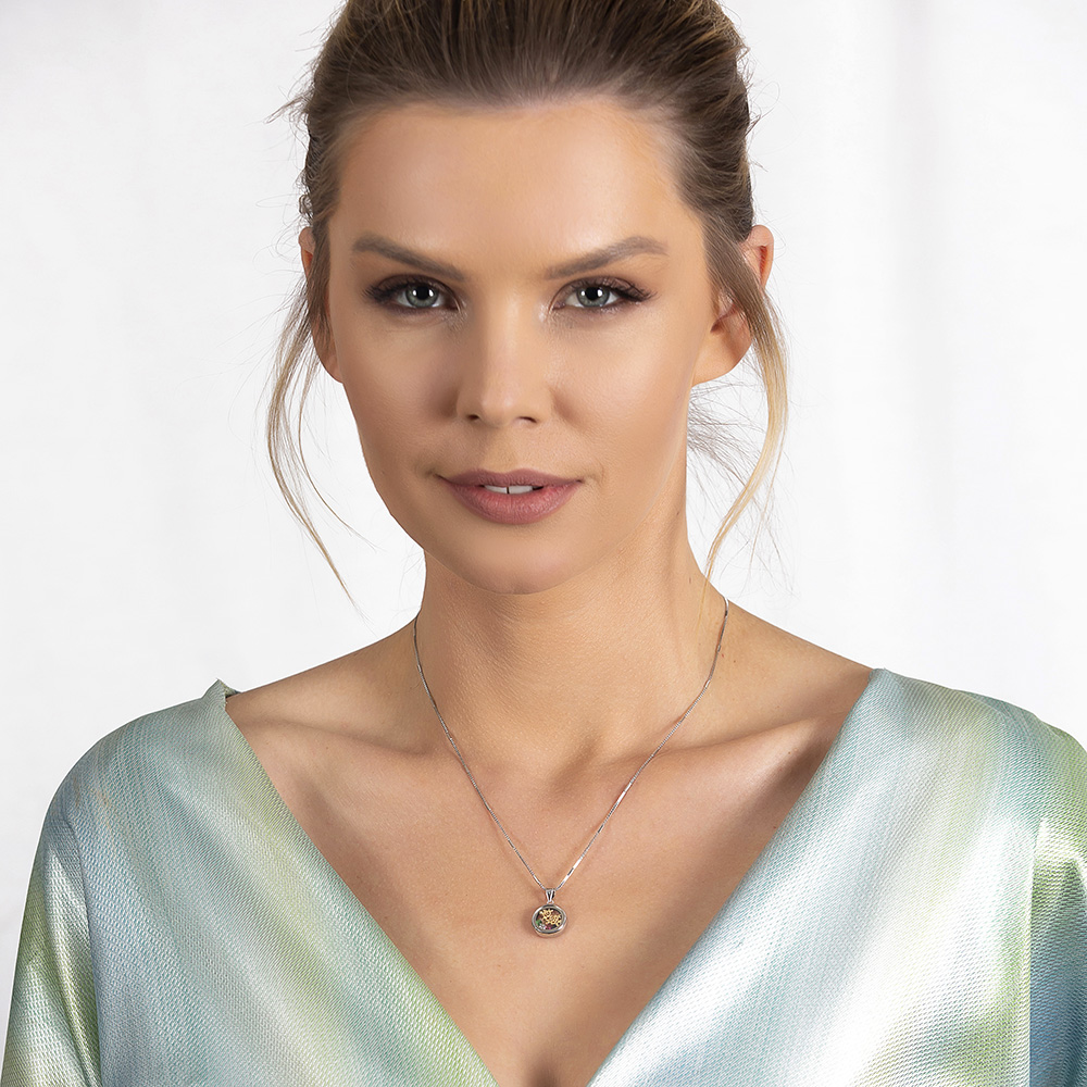 Çok Renkli Zirkon Taşlı Oval Tasarım Gül Detaylı 925 Ayar Gümüş Kadın Kolye - 2