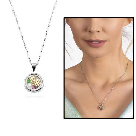 Çok Renkli Zirkon Taşlı Oval Tasarım Gül Detaylı 925 Ayar Gümüş Kadın Kolye - Tesbihane