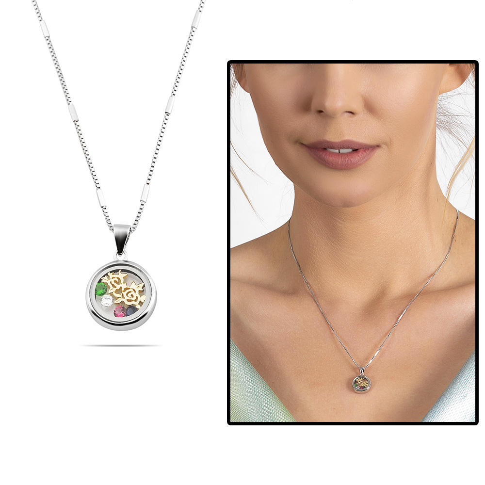 Çok Renkli Zirkon Taşlı Oval Tasarım Gül Detaylı 925 Ayar Gümüş Kadın Kolye - 1