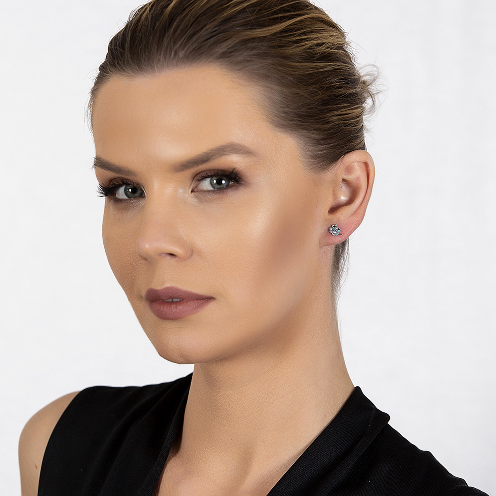 Çok Renkli Zirkon Taşlı Yonca Yaprağı Tasarım 925 Ayar Gümüş Kadın Küpe - 3