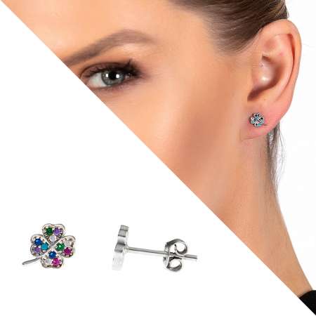 Çok Renkli Zirkon Taşlı Yonca Yaprağı Tasarım 925 Ayar Gümüş Kadın Küpe - Tesbihane