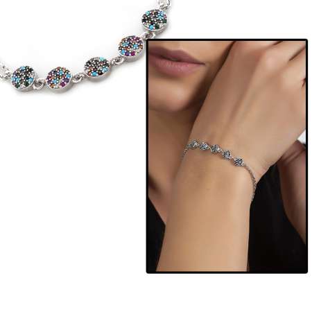 Çok Renkli Zirkon Taşlı Zarif Tasarım 925 Ayar Gümüş Su Yolu Kadın Bileklik - Tesbihane