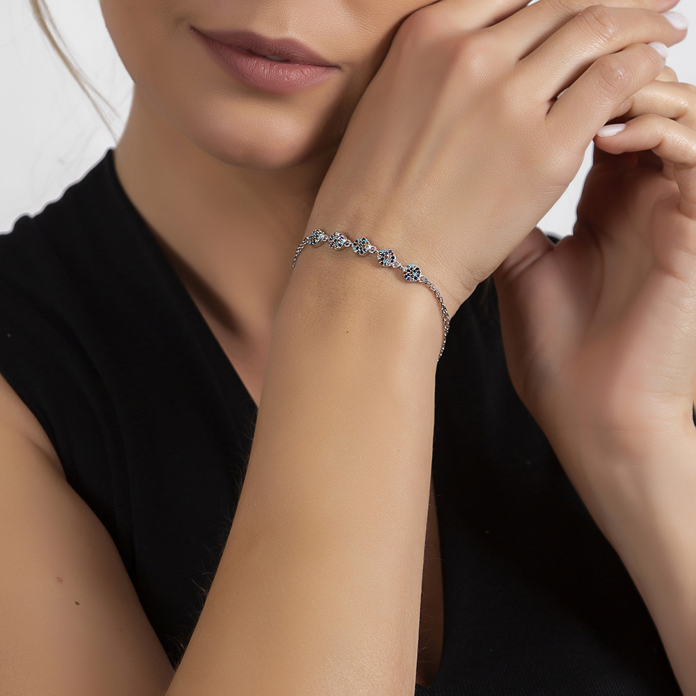 Çok Renkli Zirkon Taşlı Zarif Tasarım 925 Ayar Gümüş Su Yolu Kadın Bileklik - 3