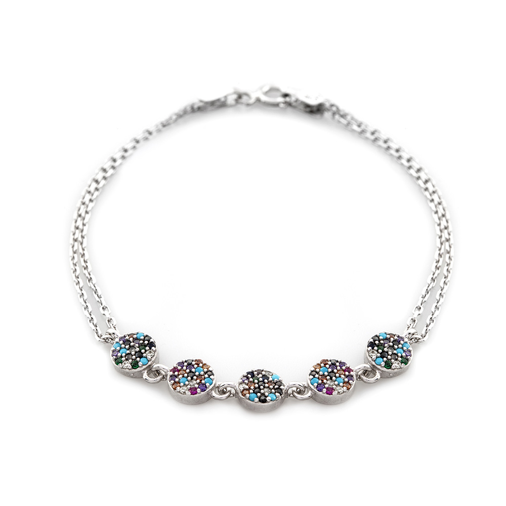 Çok Renkli Zirkon Taşlı Zarif Tasarım 925 Ayar Gümüş Su Yolu Kadın Bileklik - 5