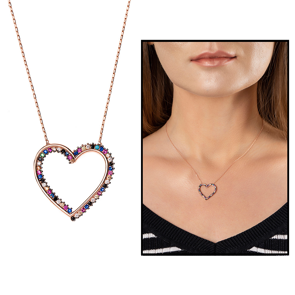 Çok Renkli Zirkon Taşlı Zarif Tasarım Rose Renk 925 Ayar Gümüş Kalp Kolye - 1
