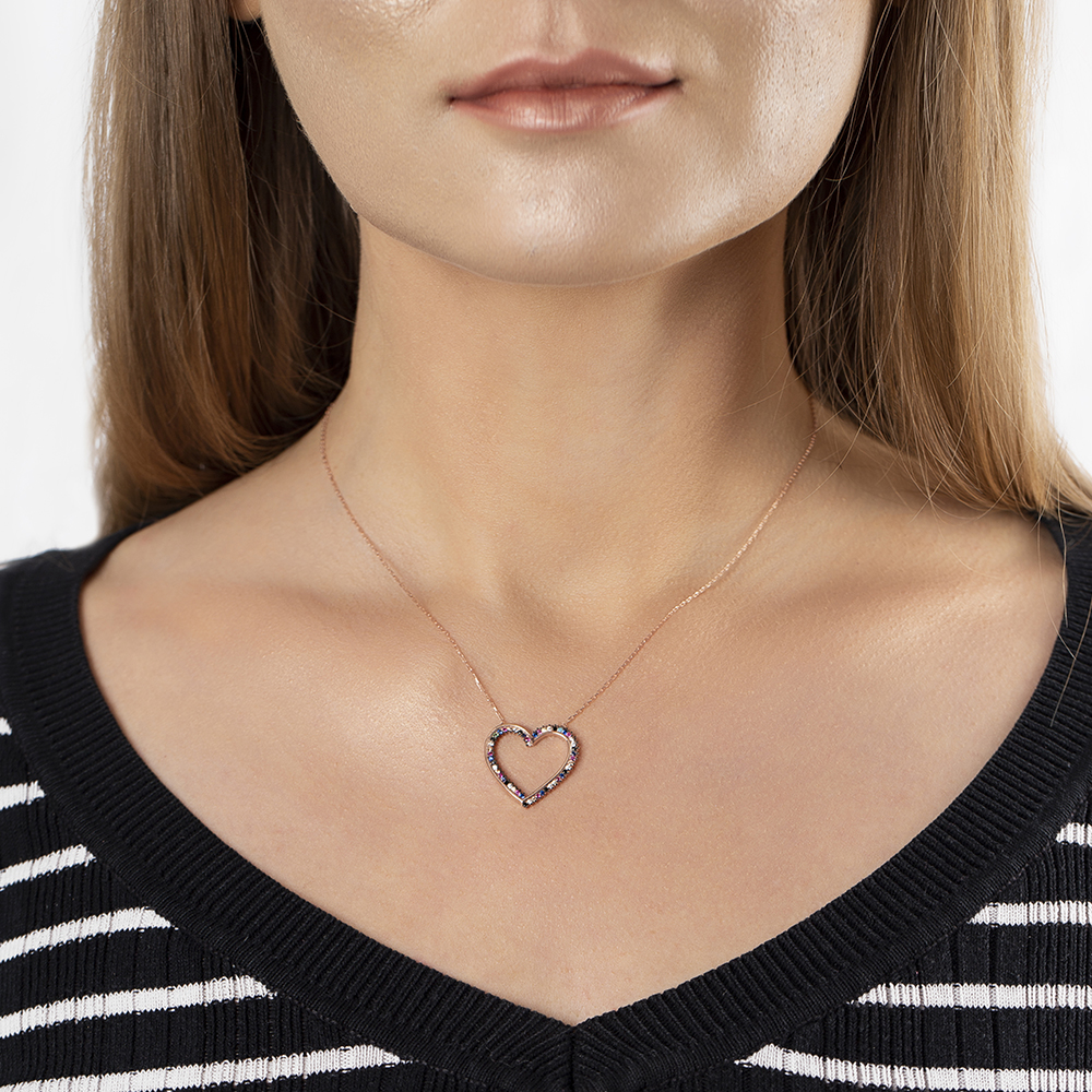 Çok Renkli Zirkon Taşlı Zarif Tasarım Rose Renk 925 Ayar Gümüş Kalp Kolye - 3