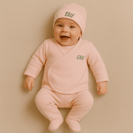 İsme Özel Nakışlı Pembe Müslin Kumaştan 7 li Yenidoğan Hastane Çıkış Bebek Takımı - Tesbihane