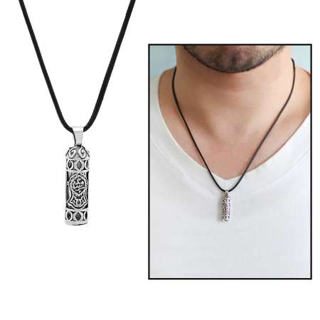 Nalı Şerif İşlemeli İp Zincirli 925 Ayar Gümüş Erkek Cevşen Kolye - Tesbihane