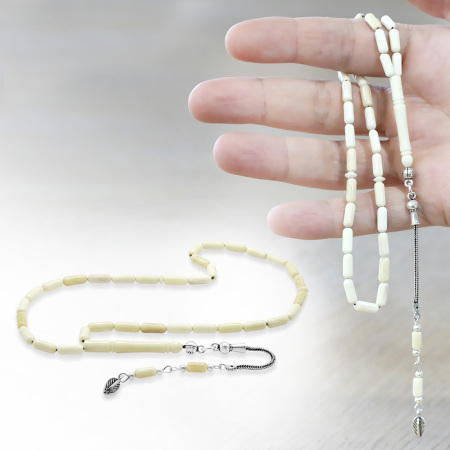 Natural Deve Kemiği Tesbih - 925 Ayar Gümüş Püsküllü - Krem Rengi - İnce Kapsül Kesim - Tesbihane