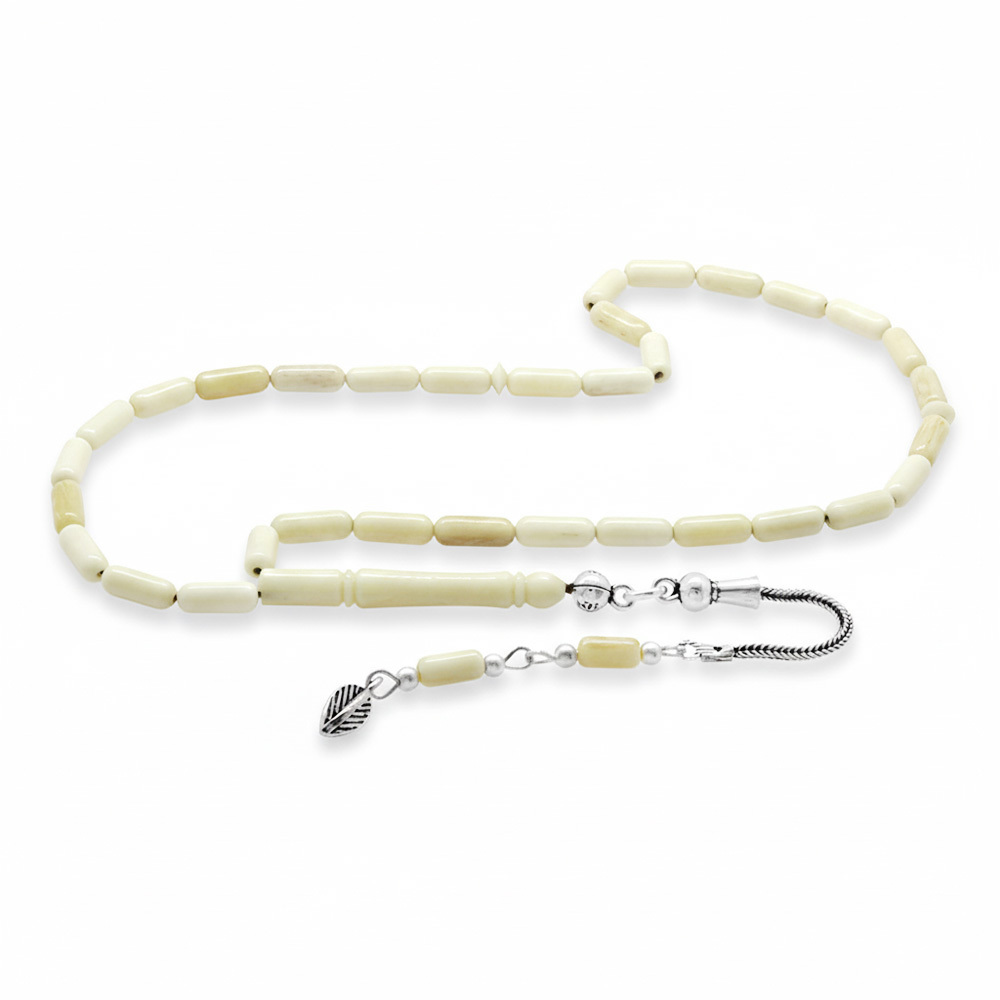 Natural Deve Kemiği Tesbih - 925 Ayar Gümüş Püsküllü - Krem Rengi - İnce Kapsül Kesim - 4