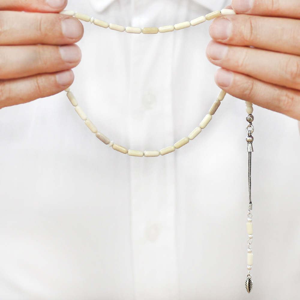 Natural Deve Kemiği Tesbih - 925 Ayar Gümüş Püsküllü - Krem Rengi - İnce Kapsül Kesim - 3