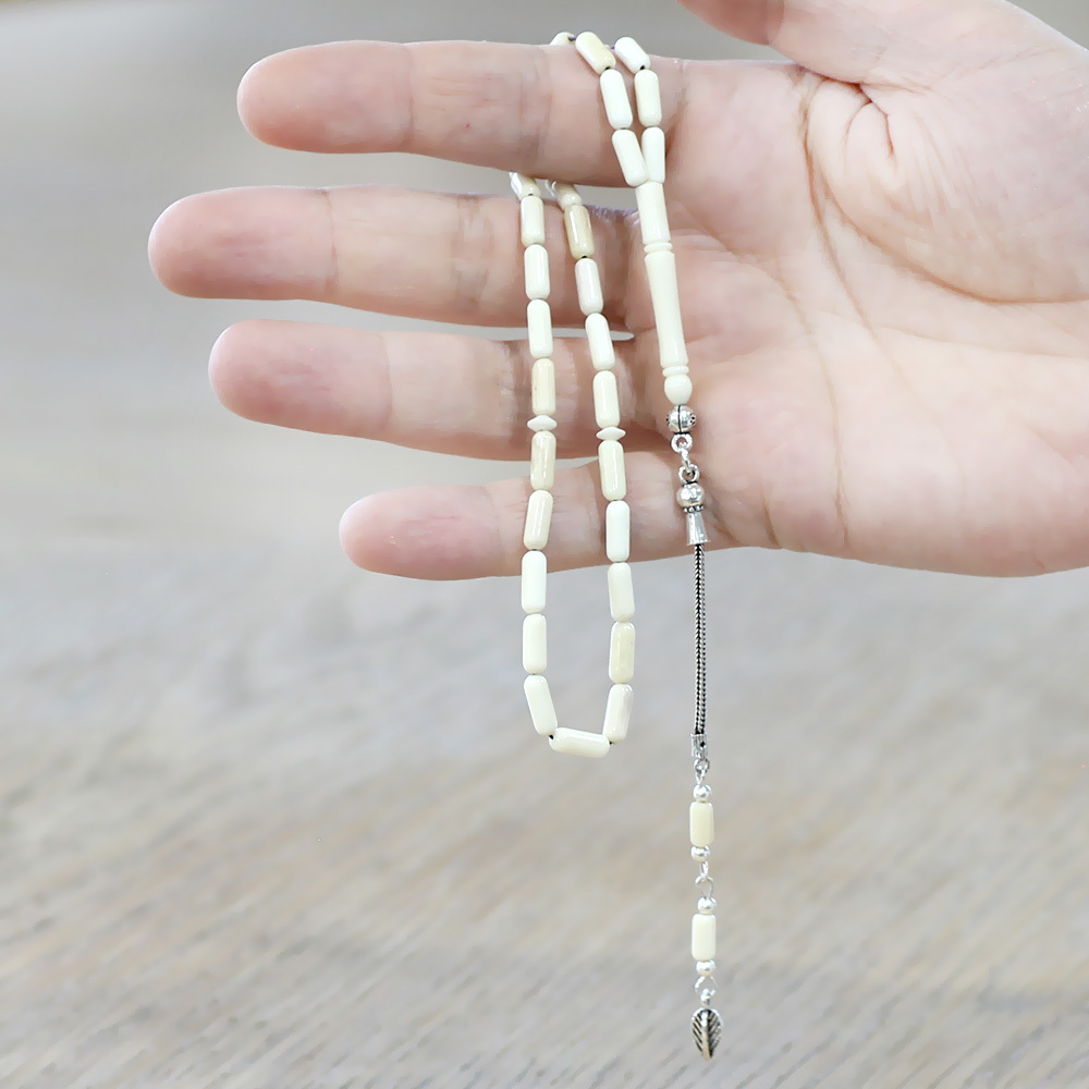 Natural Deve Kemiği Tesbih - 925 Ayar Gümüş Püsküllü - Krem Rengi - İnce Kapsül Kesim - 2