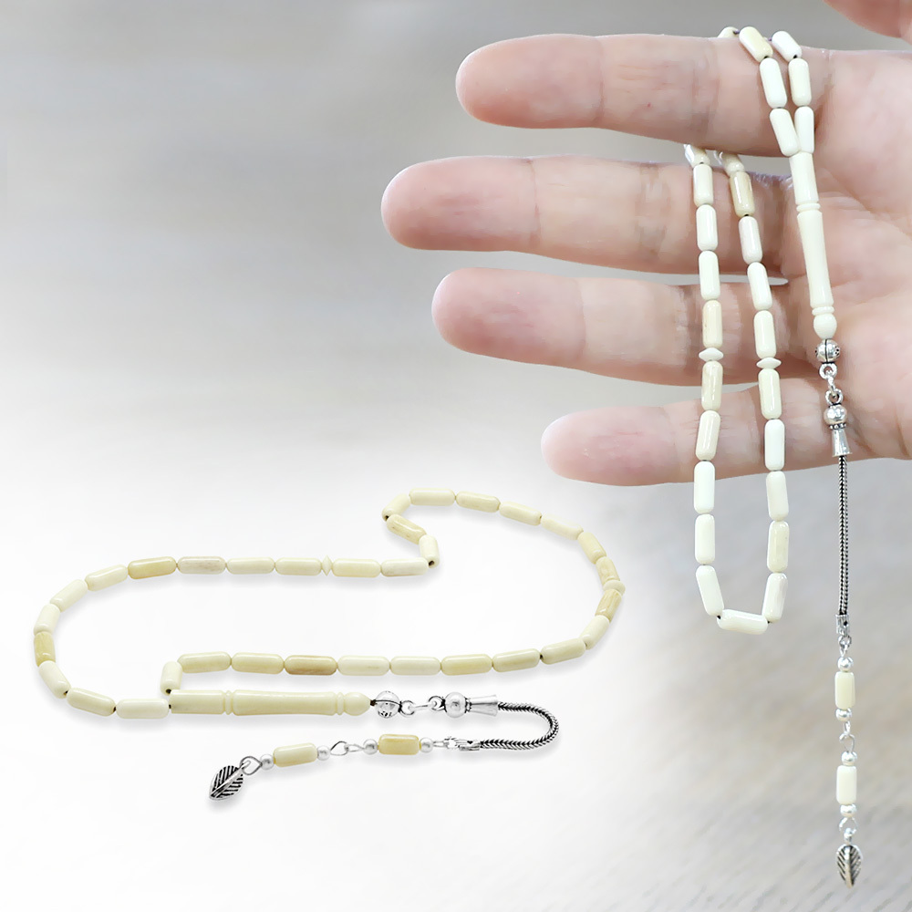 Natural Deve Kemiği Tesbih - 925 Ayar Gümüş Püsküllü - Krem Rengi - İnce Kapsül Kesim - 1