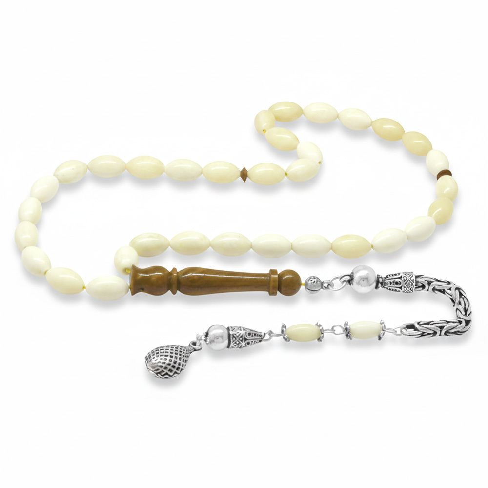 Natural Deve Kemiği Tesbih - 925 Ayar Gümüş Püsküllü - Kuka İmameli - Krem Rengi - Arpa Kesim - 4