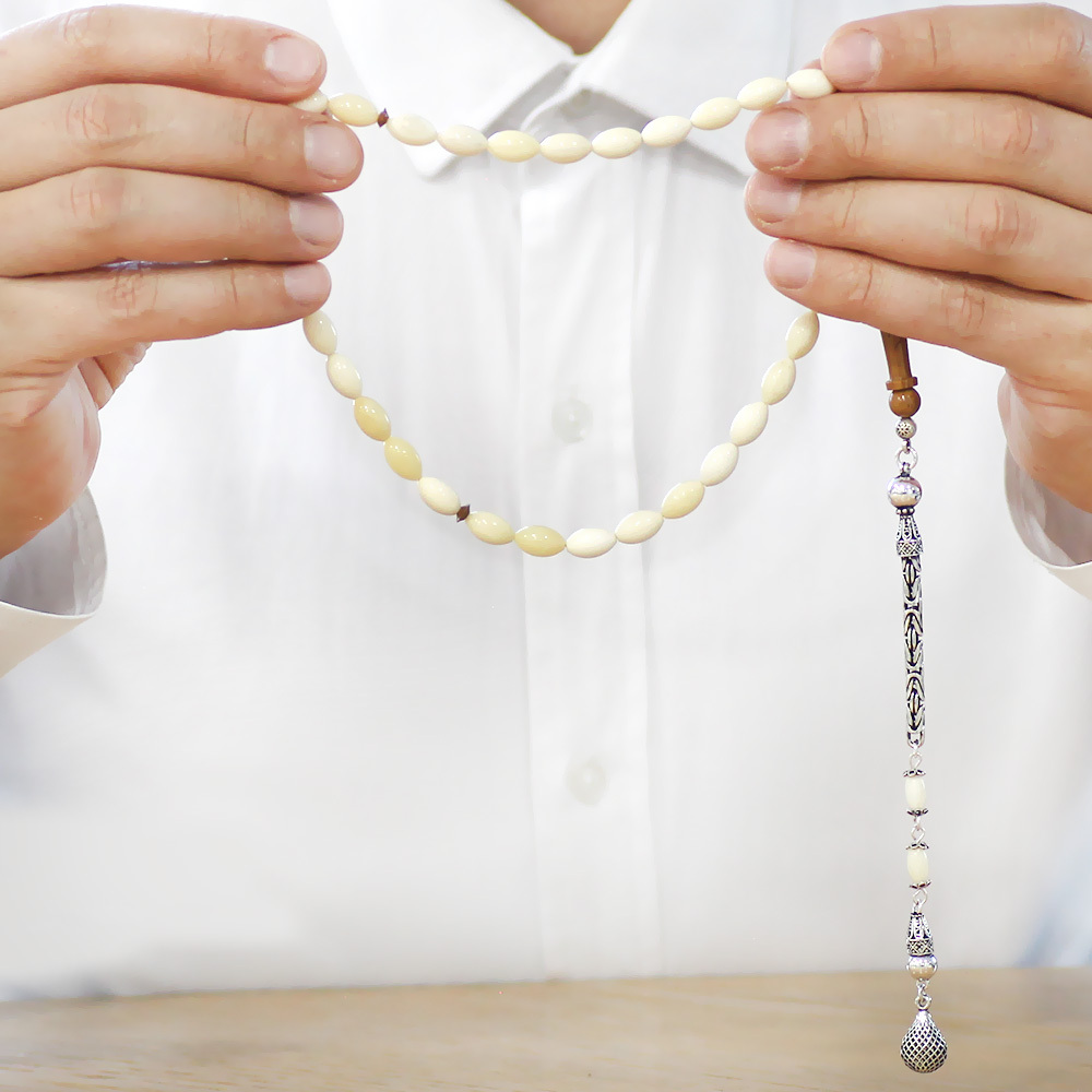 Natural Deve Kemiği Tesbih - 925 Ayar Gümüş Püsküllü - Kuka İmameli - Krem Rengi - Arpa Kesim - 3