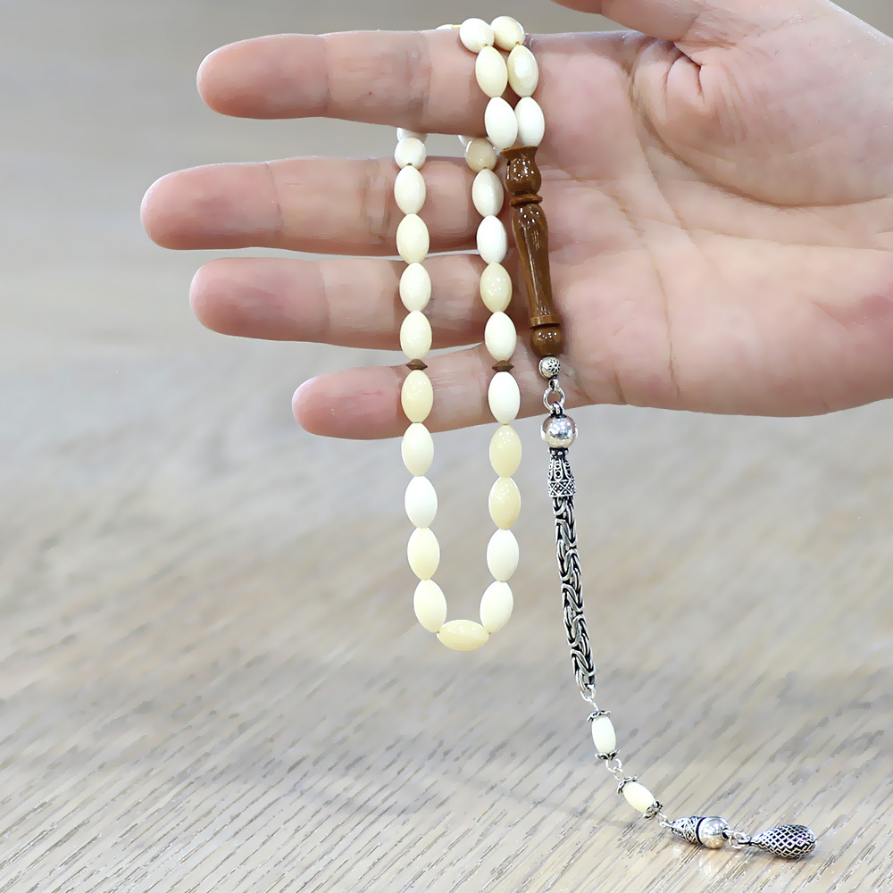 Natural Deve Kemiği Tesbih - 925 Ayar Gümüş Püsküllü - Kuka İmameli - Krem Rengi - Arpa Kesim - 2