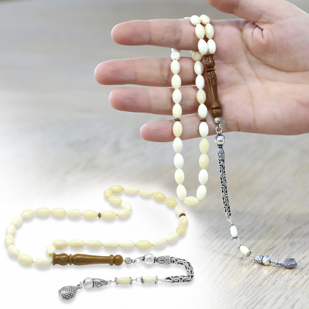 Natural Deve Kemiği Tesbih - 925 Ayar Gümüş Püsküllü - Kuka İmameli - Krem Rengi - Arpa Kesim - Tesbihane