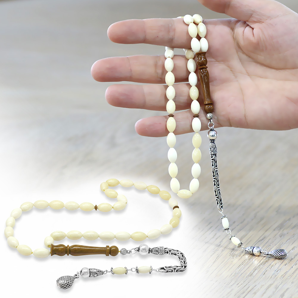 Natural Deve Kemiği Tesbih - 925 Ayar Gümüş Püsküllü - Kuka İmameli - Krem Rengi - Arpa Kesim - 1