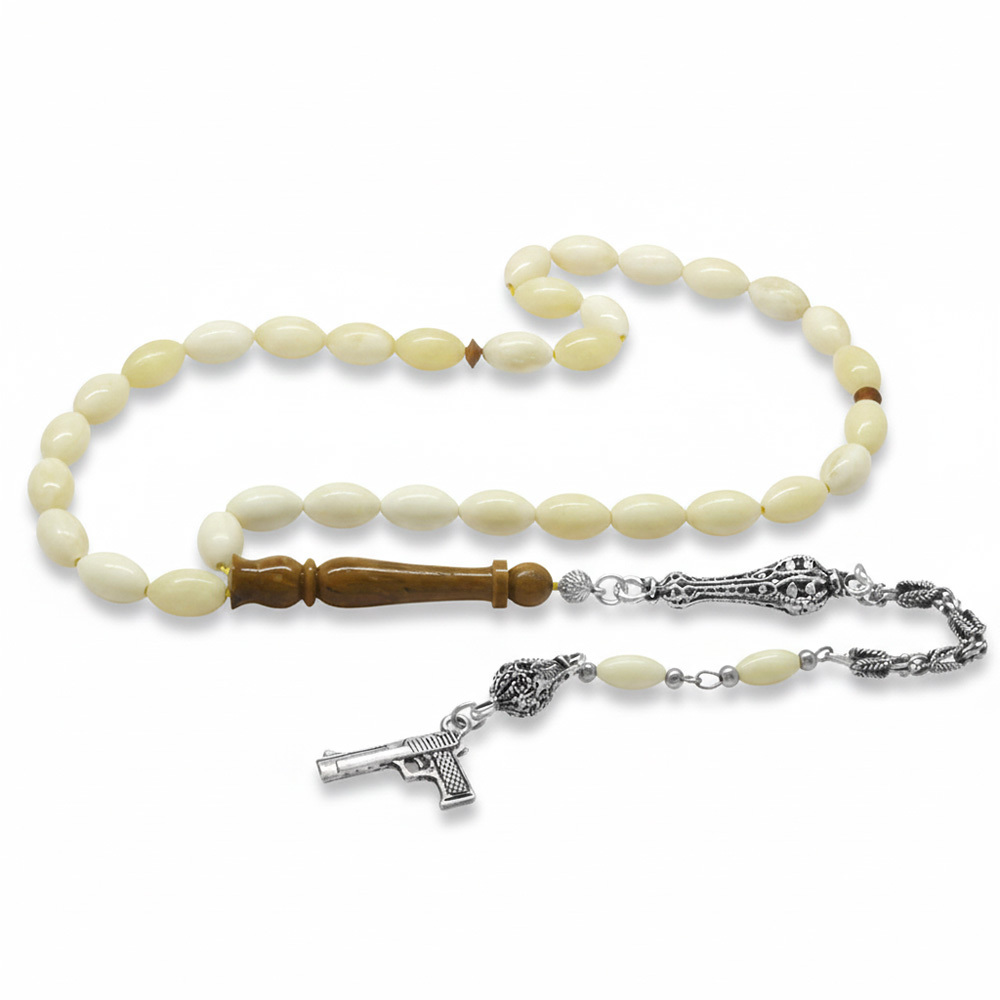 Natural Deve Kemiği Tesbih - Kararmaz Metal Püsküllü - Kuka İmameli - Krem Rengi - Arpa Kesim - 4