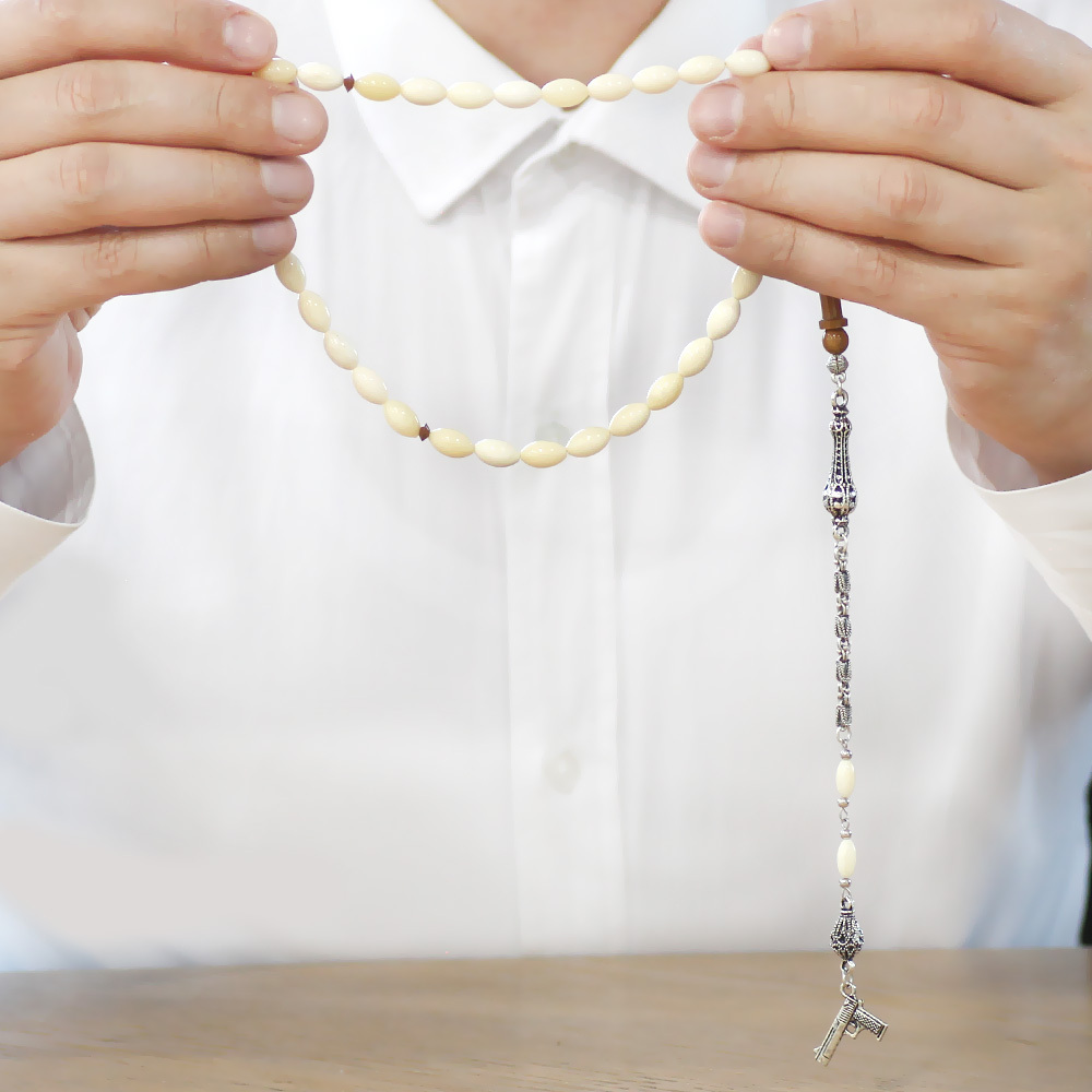 Natural Deve Kemiği Tesbih - Kararmaz Metal Püsküllü - Kuka İmameli - Krem Rengi - Arpa Kesim - 3