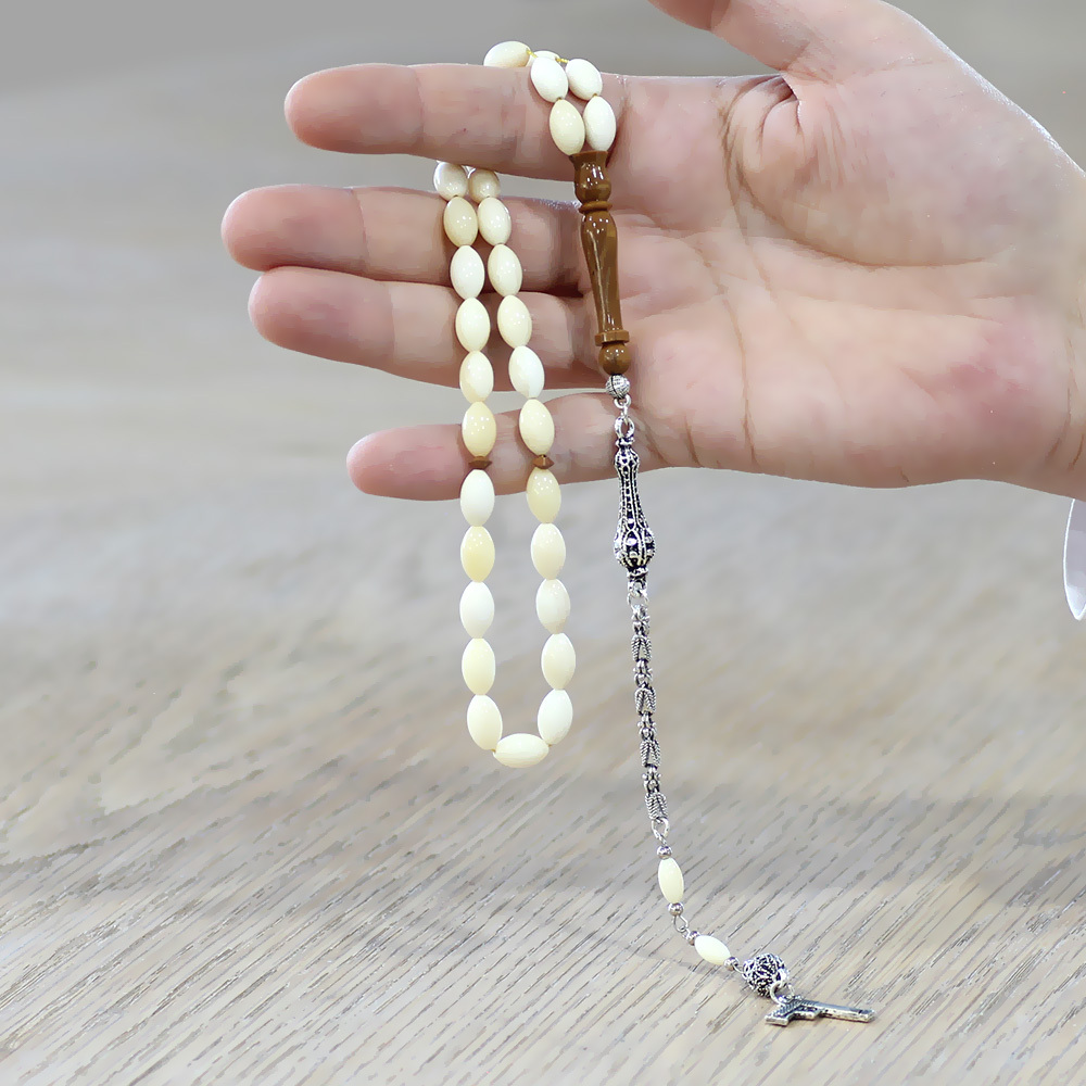 Natural Deve Kemiği Tesbih - Kararmaz Metal Püsküllü - Kuka İmameli - Krem Rengi - Arpa Kesim - 2