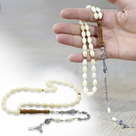 Natural Deve Kemiği Tesbih - Kararmaz Metal Püsküllü - Kuka İmameli - Krem Rengi - Arpa Kesim - Tesbihane