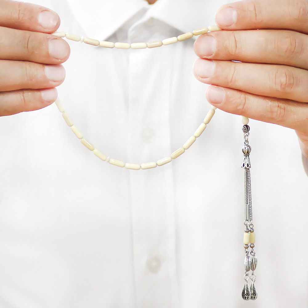 Natural Deve Kemiği Tesbih - Kararmaz Metal Su Damlası Püsküllü - Krem Rengi - İnce Kapsül Kesim - 3