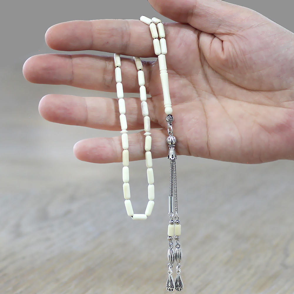 Natural Deve Kemiği Tesbih - Kararmaz Metal Su Damlası Püsküllü - Krem Rengi - İnce Kapsül Kesim - 2