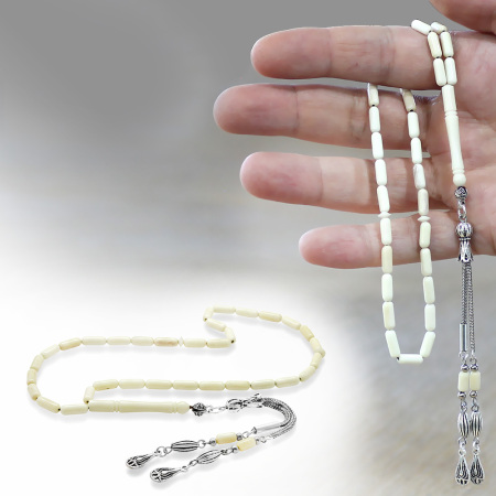 Natural Deve Kemiği Tesbih - Kararmaz Metal Su Damlası Püsküllü - Krem Rengi - İnce Kapsül Kesim - Tesbihane