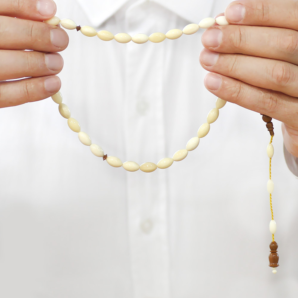 Natural Deve Kemiği Tesbih - Sistemli Tasarım - Kuka İmameli Hitameli - Krem Rengi - Arpa Kesim - 3