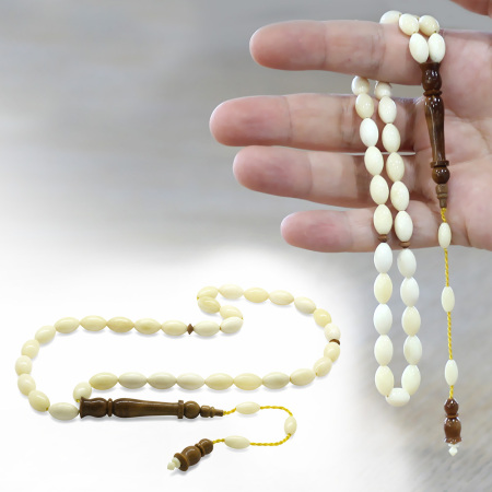 Natural Deve Kemiği Tesbih - Sistemli Tasarım - Kuka İmameli Hitameli - Krem Rengi - Arpa Kesim - Tesbihane