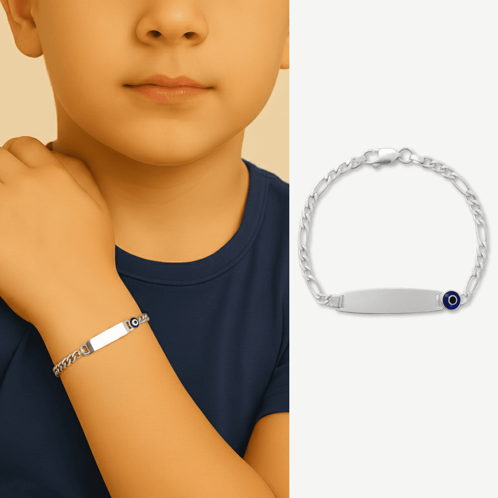 Nazar Bocuğu Detaylı 925 Ayar Gümüş Zincirli İsme Özel Yazılı Çocuk Bileklik - 1